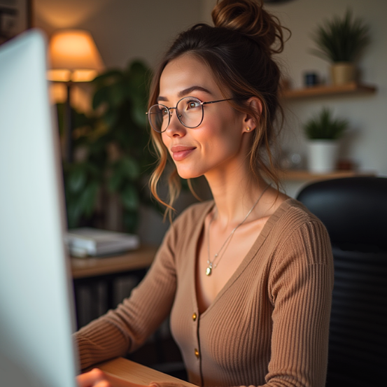 한 여성이 컴퓨터 앞에 앉아 재택근무하는 모습
