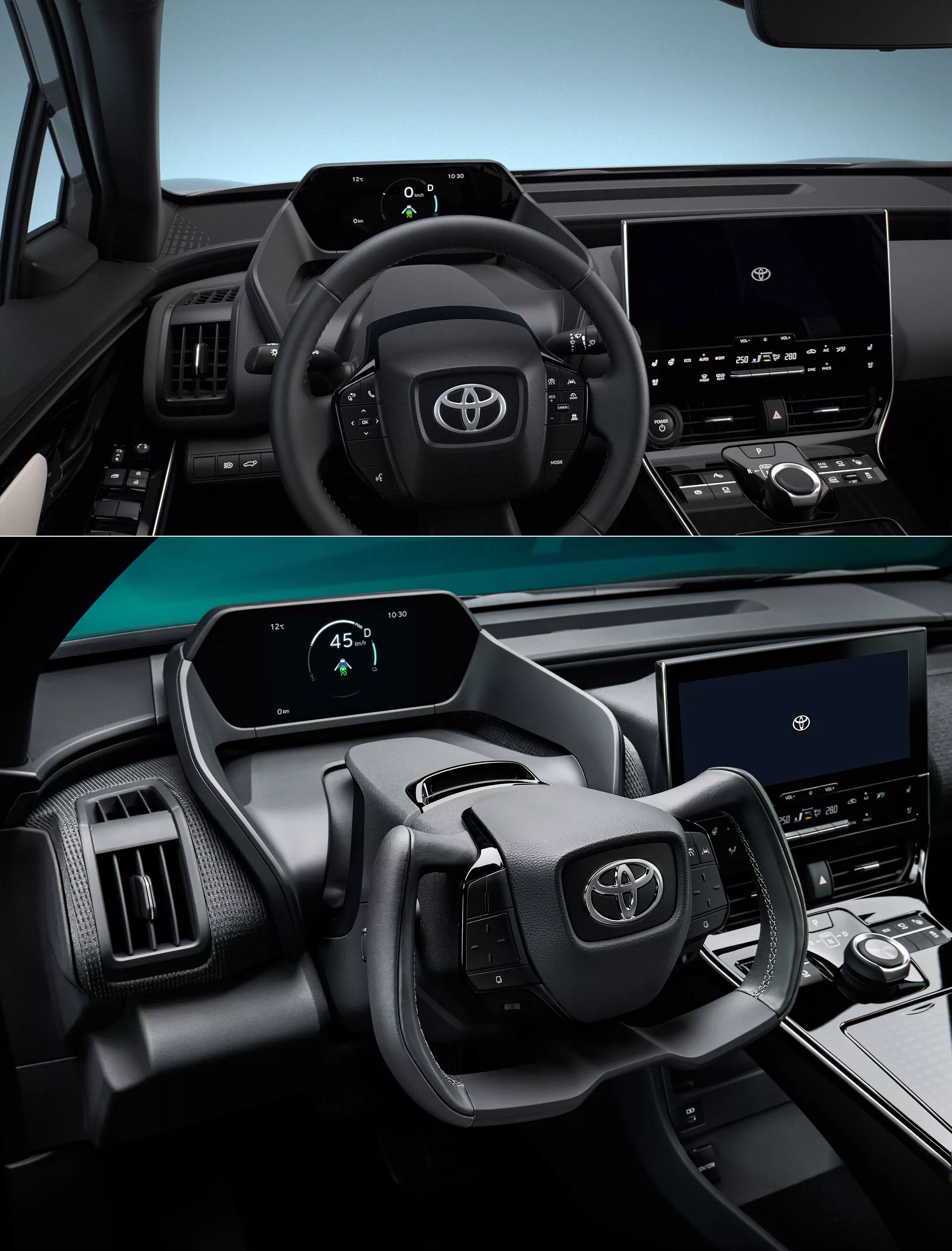 토요타 bZ4X 프로토타입 운전석입니다. 아래 사진 속 운전대가 원 모션 그립입니다.