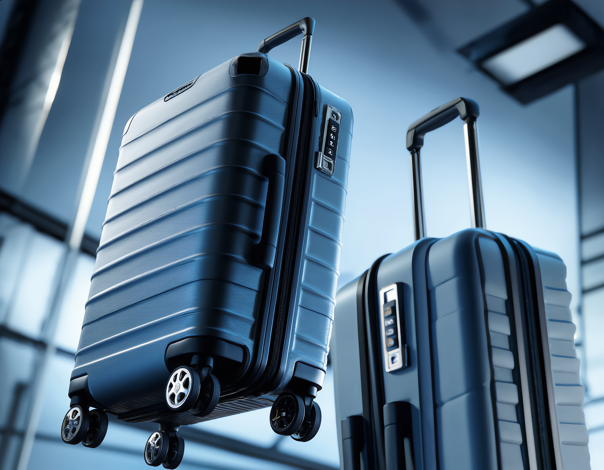 A sleek modern suitcase stands closed in a professional studio setup, its four 360&deg; spinner wheels, TSA-approved combination lock, telescoping handle with ergonomic grip, and expansion zipper system captured in dramatic macro close-ups. Crisp directional lighting creates metallic reflections on wheel bearings and lock mechanisms while revealing fabric textures, shot with clinical precision using a 100mm macro lens at f/2.8 for shallow depth-of-field. The composition alternates between dynamic diagonal angles showcasing wheel mobility and straight-on shots emphasizing security features, rendered in 4K resolution with a cool-toned color grade for technical credibility.