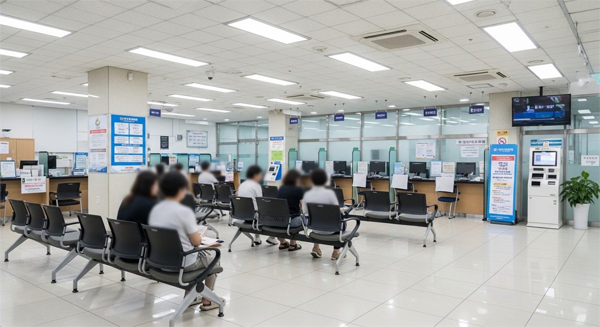 동네 행정복지센터 대기 공간을 넓게 담은 실내 전경 