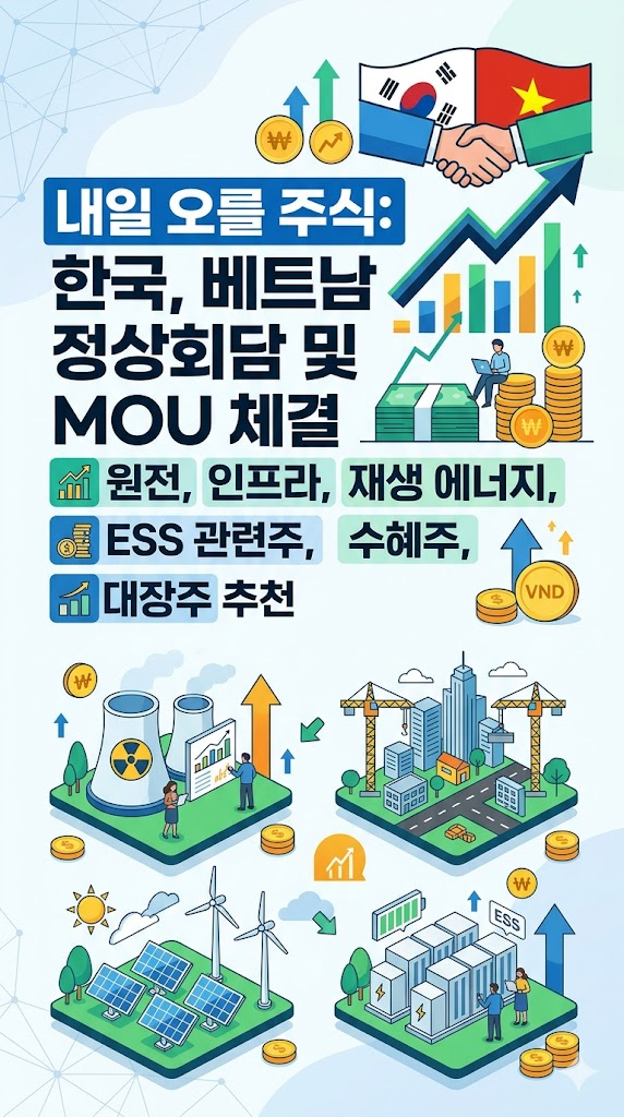 내일 오를 주식: 한국, 베트남 정상회담 및 MOU 체결, 원전, 인프라, 재생 에너지, ESS 관련주, 수혜주, 대장주 추천