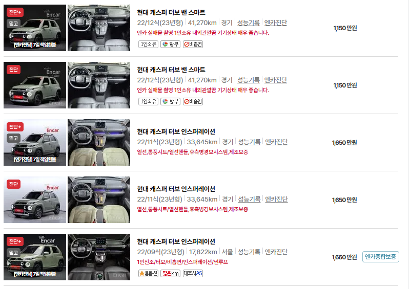 현대 캐스퍼 중고차 가격 시세표 유지비