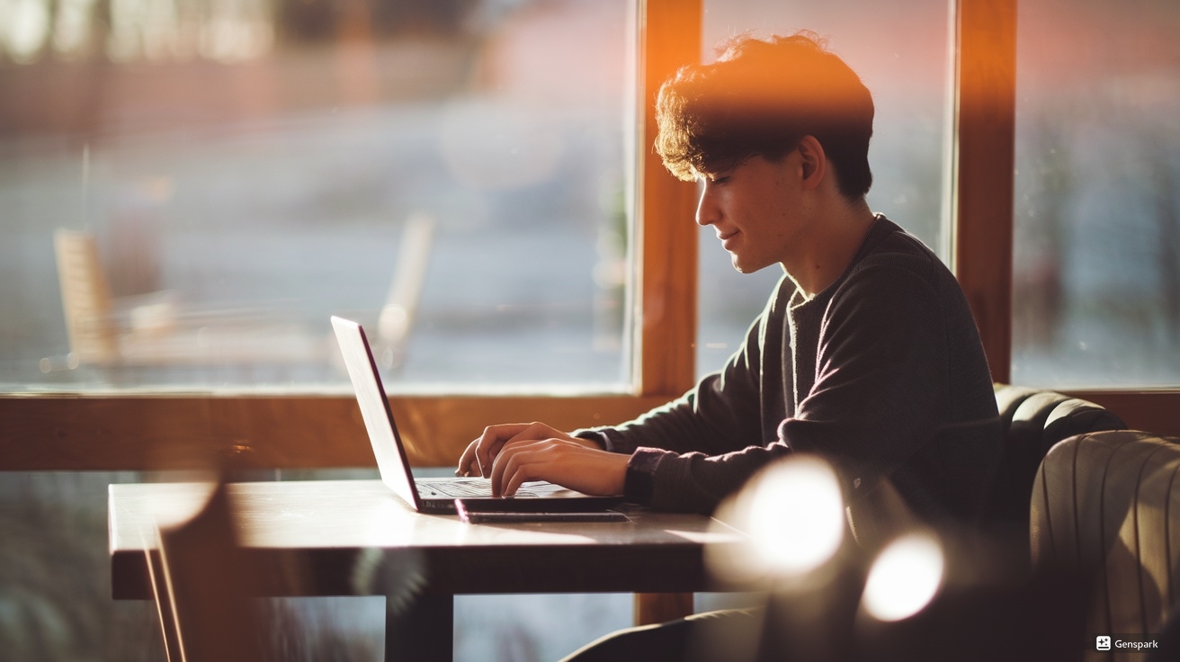창가에 앉아 노트북으로 일하고 있는 청년의 모습