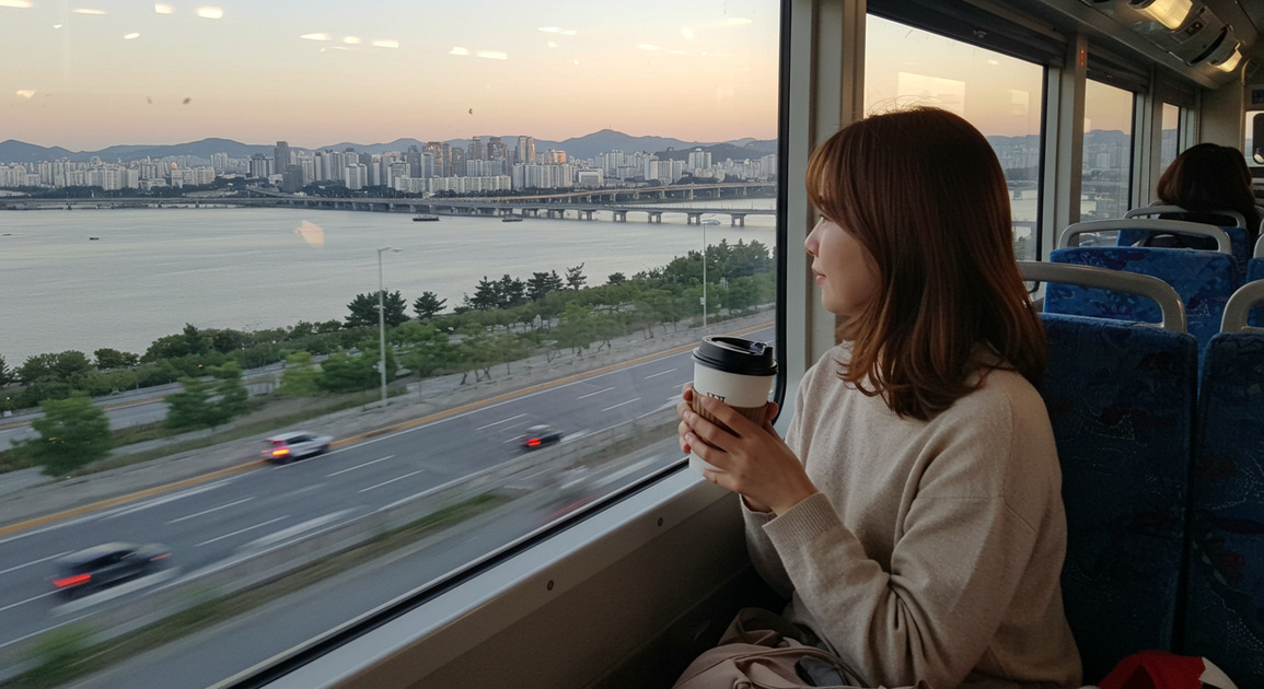 한강버스를 타고 커피를 마시는 여성 이미지
