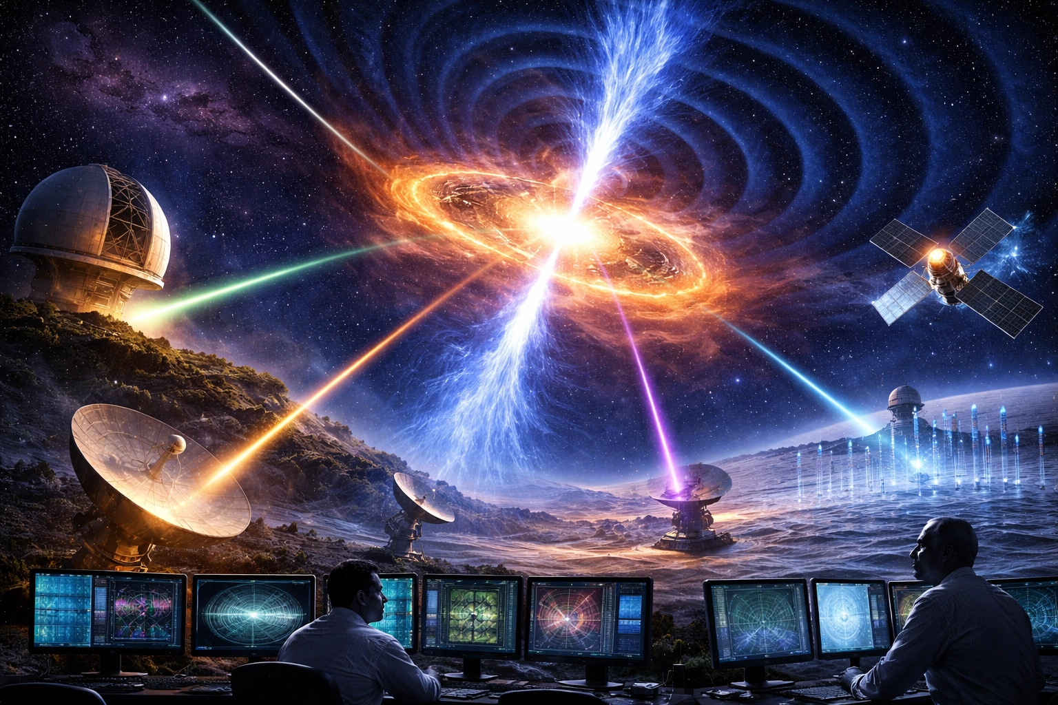 [AI 생성] 중성자별 충돌을 여러 메신저로 동시 관측하는 모습을 표현한 이미지
