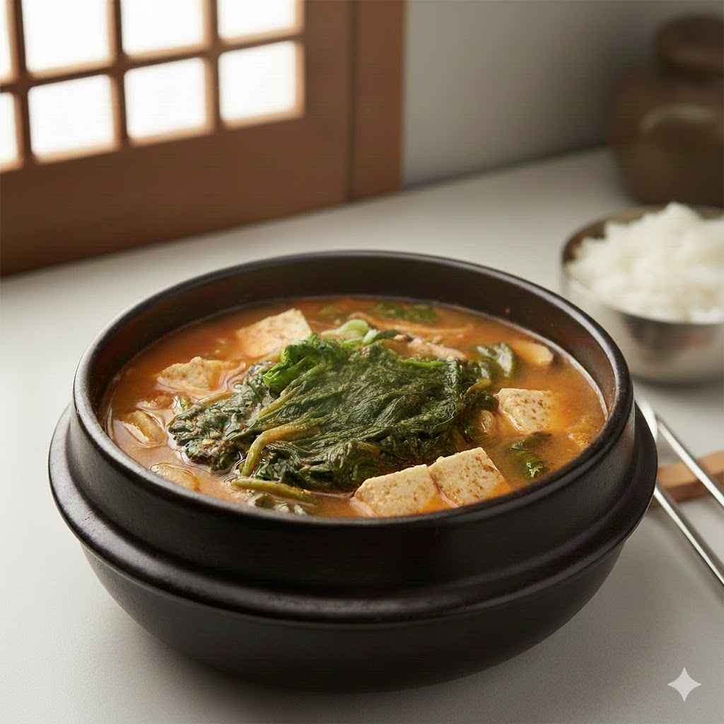 멸치 육수에 구수한 된장을 풀고 시금치를 듬뿍 넣어 시원하고 달큰한 맛이 일품인 시금치 된장국