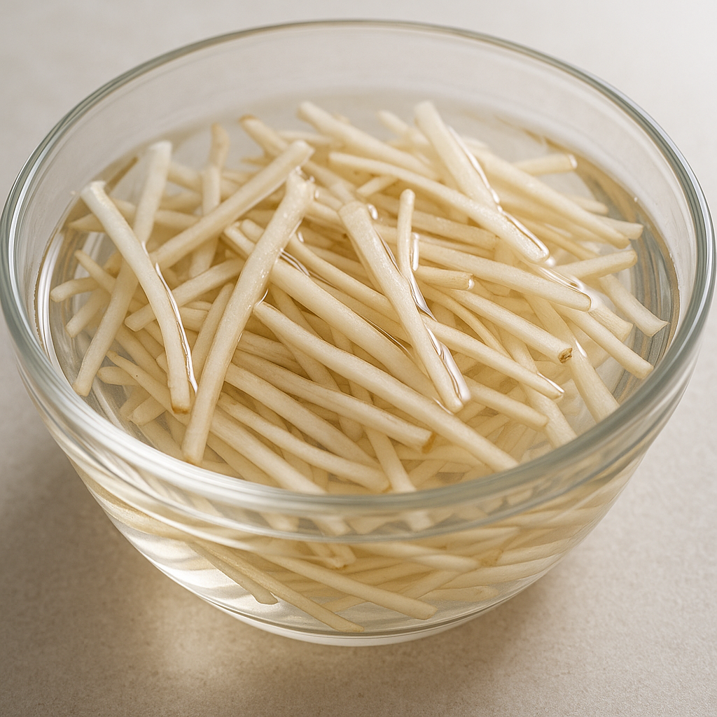 깨끗하게 세척된 우엉을 얇게 채 썬 뒤 물에 담근 장면, 맑은 빛