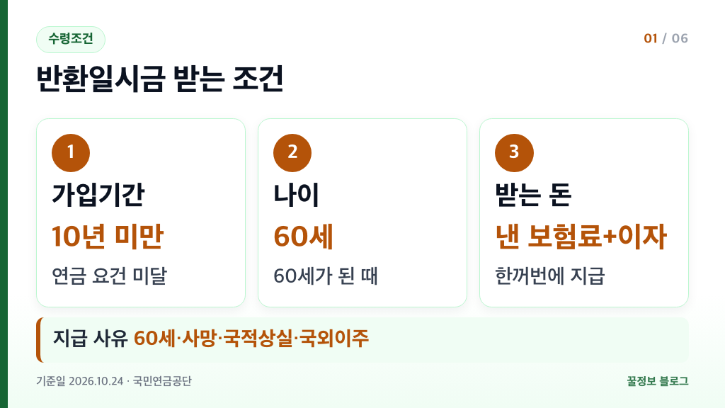 국민연금 반환일시금 수령조건 가입기간 10년 미만 60세 도달 보험료 이자 지급 요약