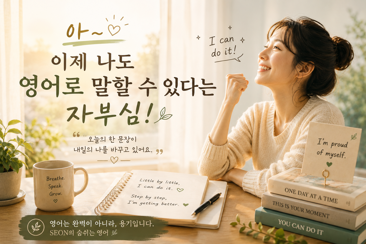 따뜻한 햇살이 들어오는 창가에서 미소 지으며 주먹을 살짝 쥔 채 자신감 있는 표정을 짓는 여성과 함께 &ldquo;아~ 이제 나도 영어로 말할 수 있다는 자부심!&rdquo;이라는 문구가 담긴 감성 영어 성장 이미지