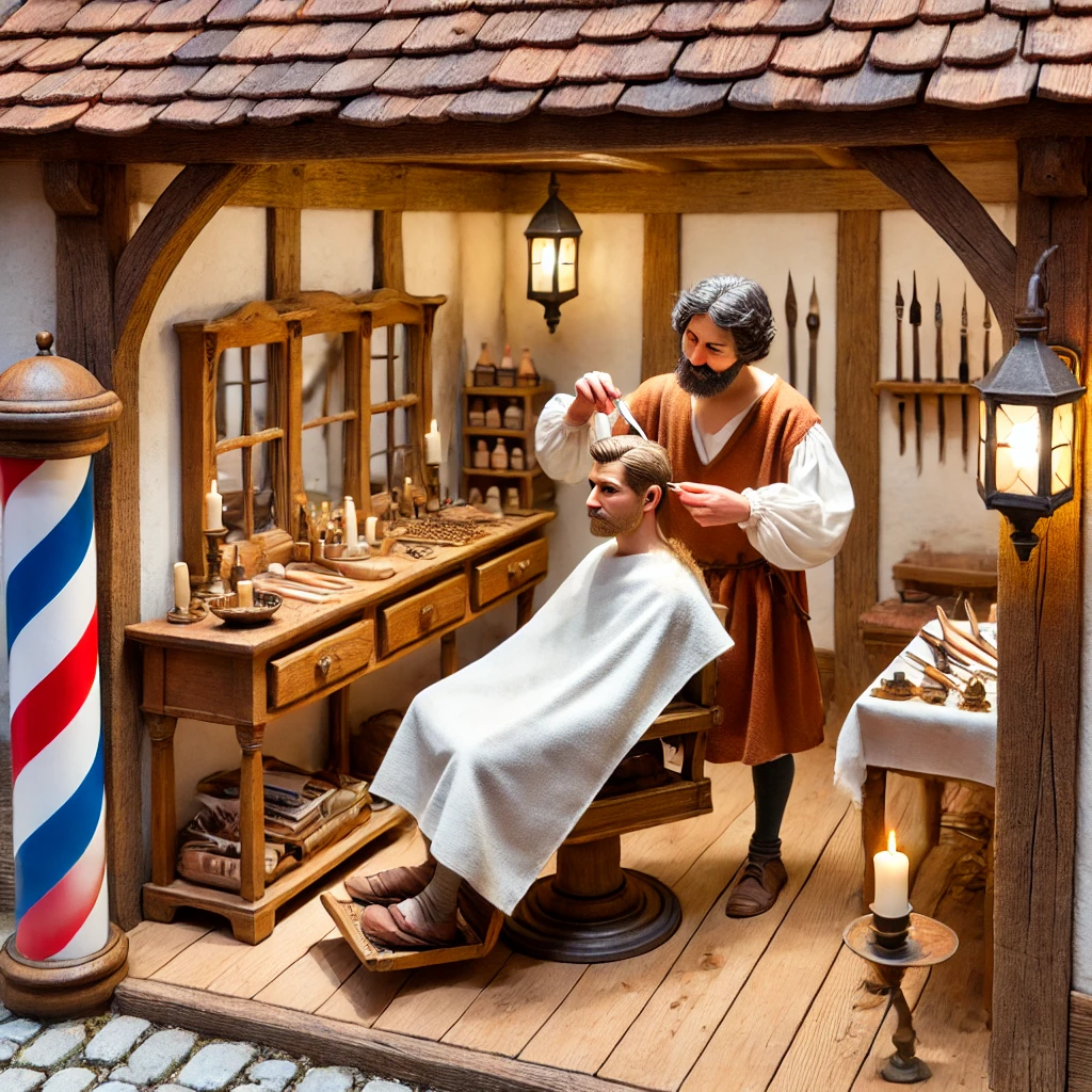 중세 유럽 이발소 - 이발과 간단한 의료 시술이 함께 이루어지는 모습.