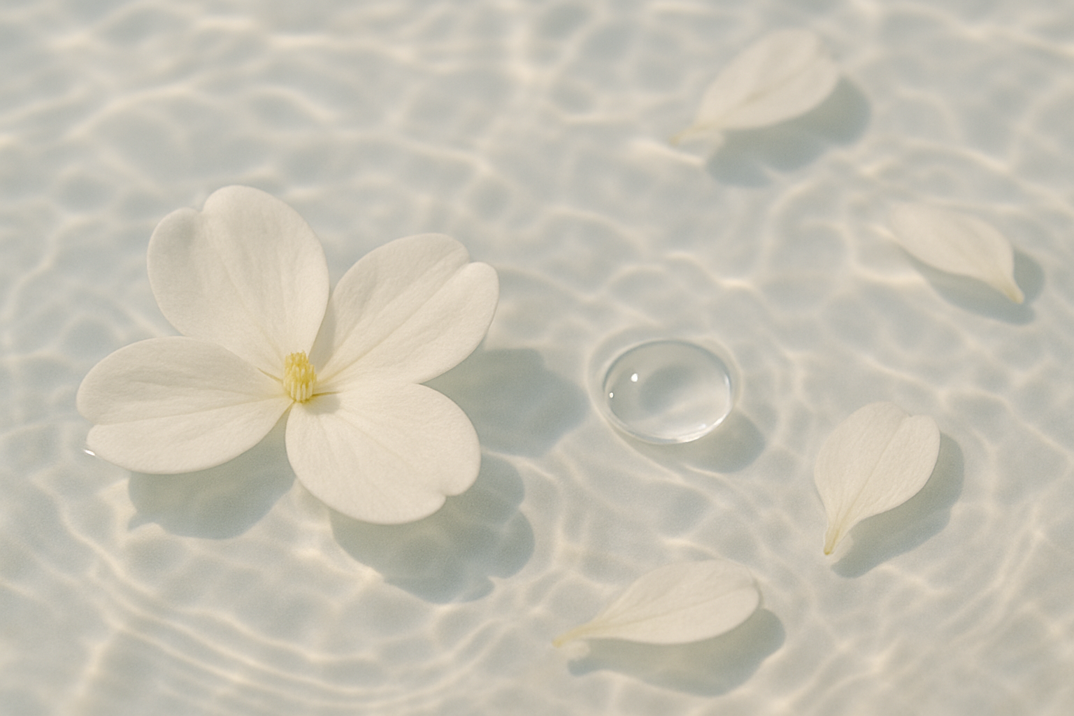 무자극, 약산성 화장품을 비유해 깨끗한 물에 꽃잎이 떠있는 이미지