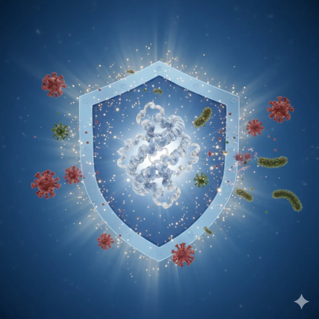 방패 모양의 이미지 중앙에 알부민 분자가 있고&amp;#44; 외부에서 침투하려는 바이러스나 세균들을 막아내는 모습입니다. 강인하고 보호적인 느낌을 강조합니다. 