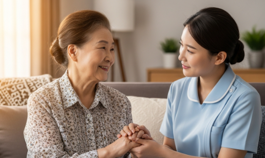 서비스를 받고 환하게 웃는 어르신과 그 손을 잡고 있는 돌봄 매니저