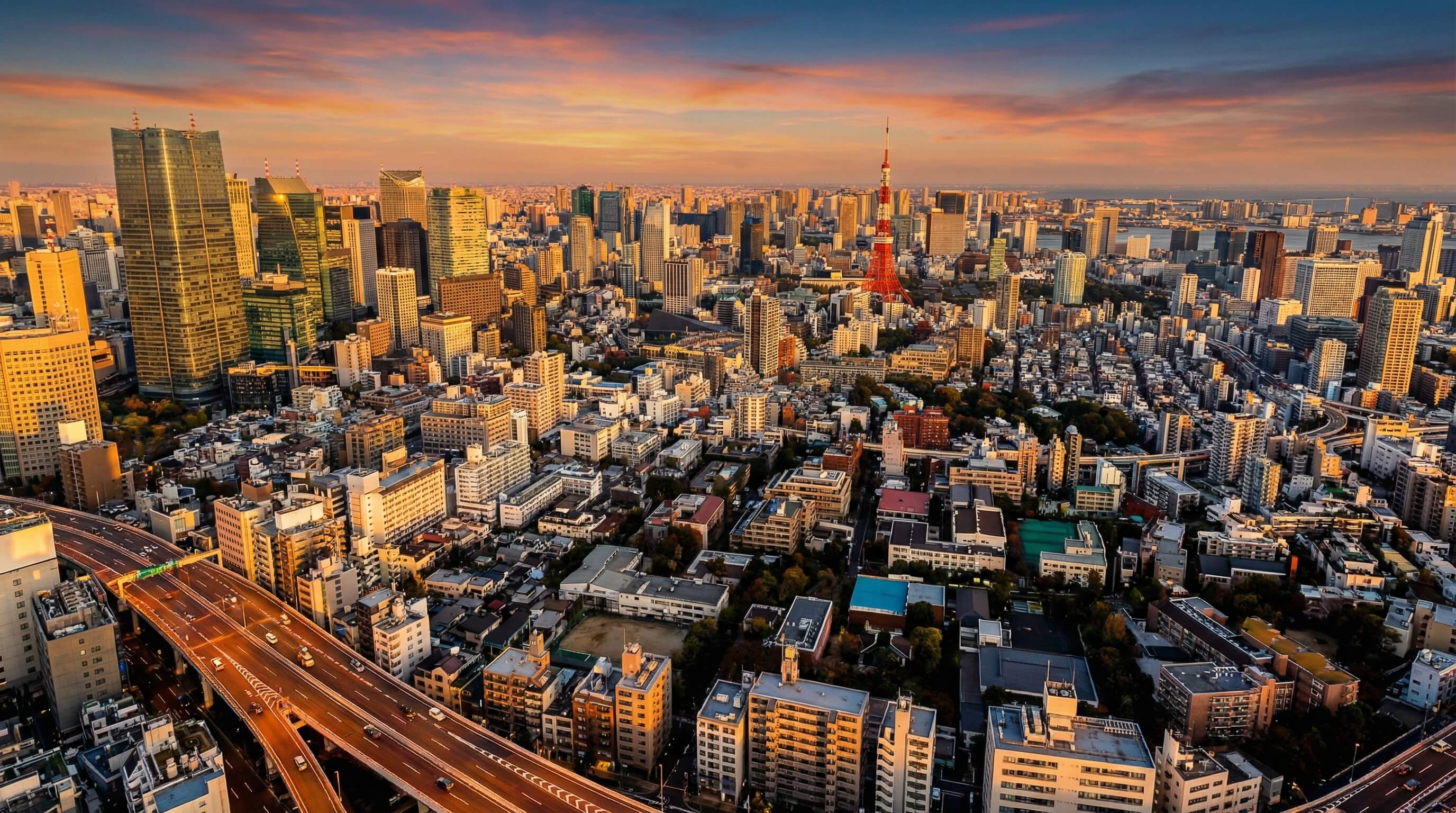 東京不動産投資のスカイラインと高層ビル群、夕暮れの都市景観、未来的な雰囲気