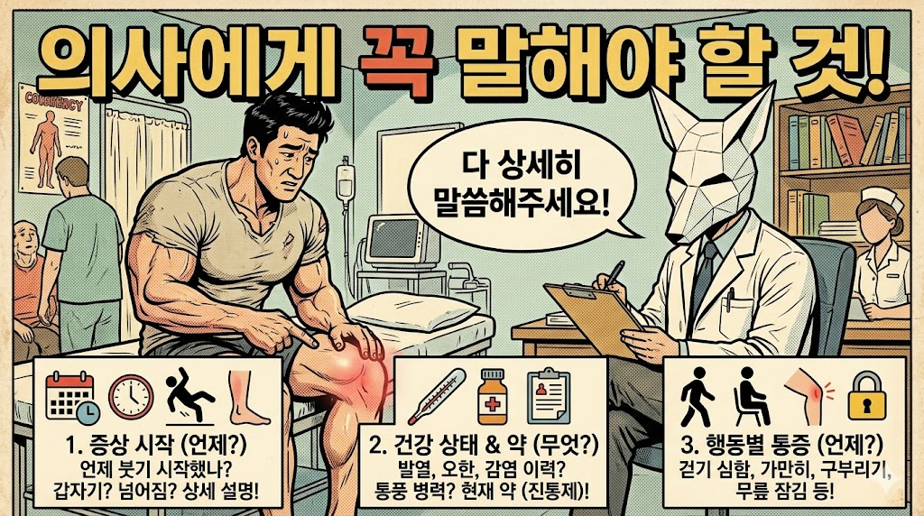 무릎 부종과 열감으로 진료받을 때 의사에게 꼭 말해야 할 정보와 증상 정리 인포그래픽