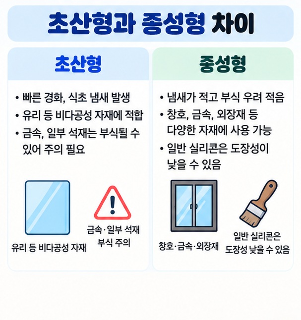 초산형은 냄새와 일부 자재 부식 주의 중성형은 다양한 건축자재에 폭넓게 쓰인다는 차이를 정리한 이미지