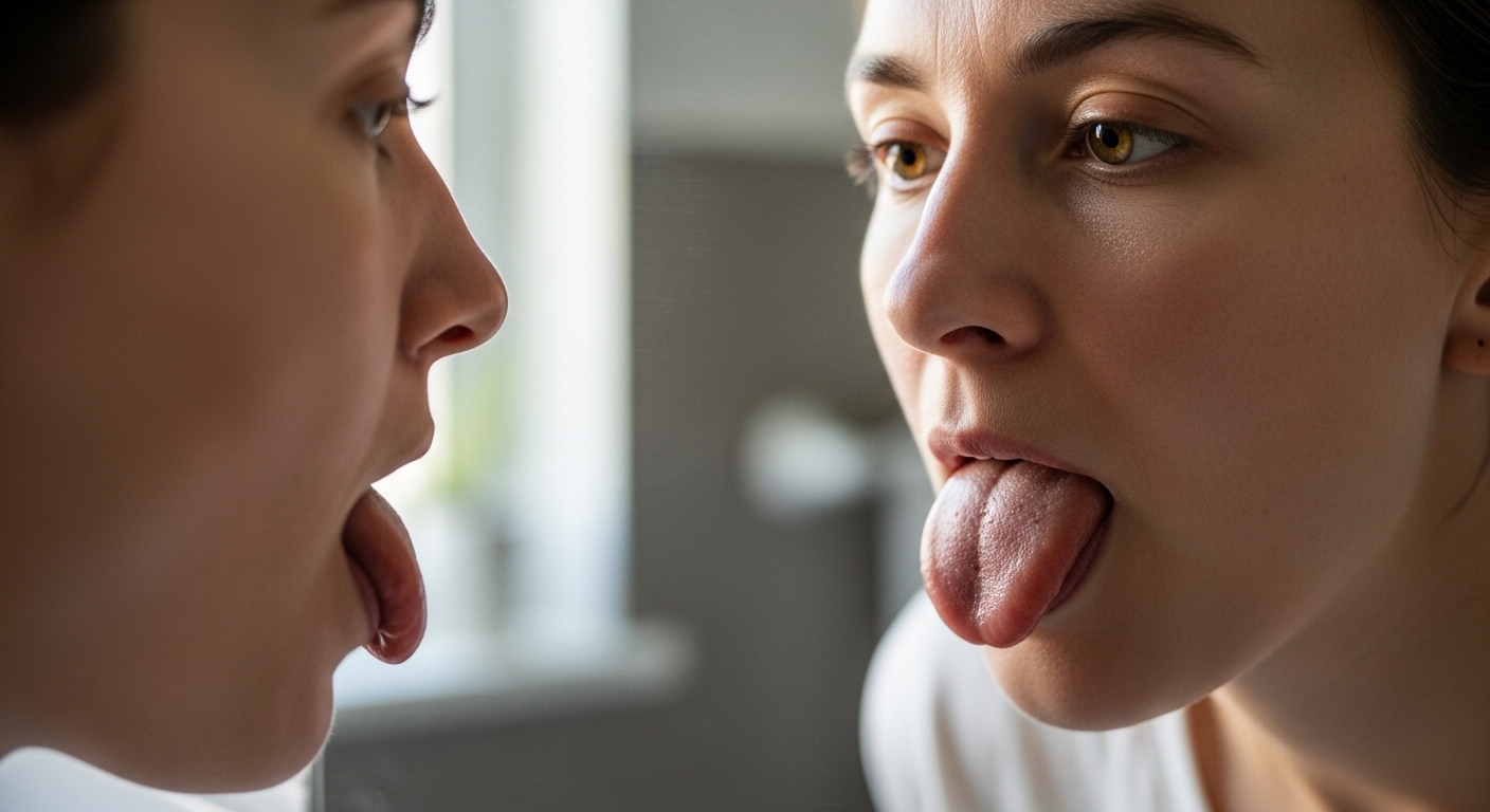 거울을 보면서 자신의 혀 상태를 확인하는 모습