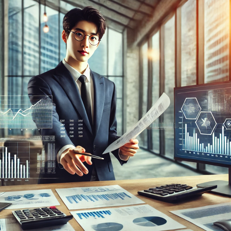 사무실에서 차트를 보며 전략적인 세금 계획을 논의하는 장면