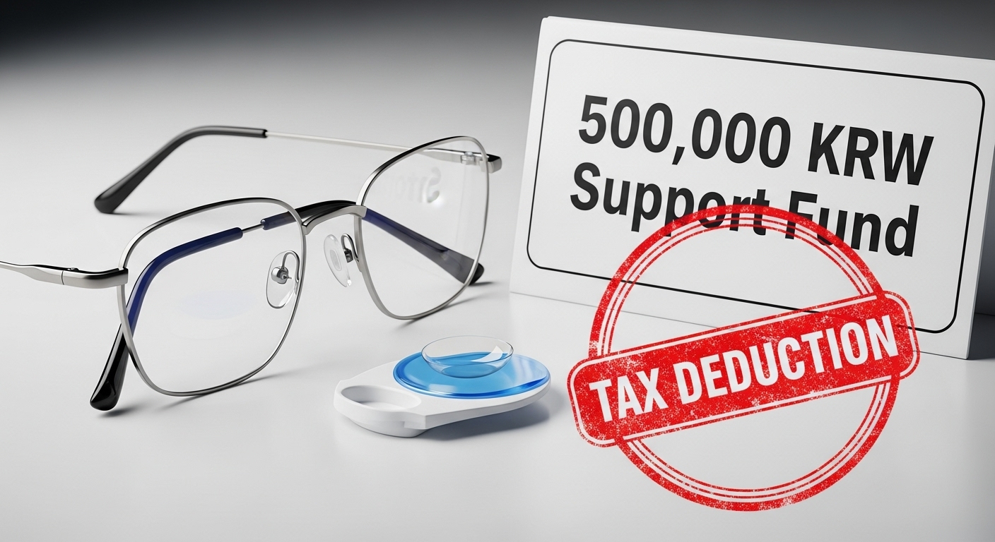안경과 렌즈가 놓여 있는 테이블 위에 '50만원 지원금'이라는 팻말이 있고, 그 위에 '세액공제'라는 도장이 찍혀 있는 모습