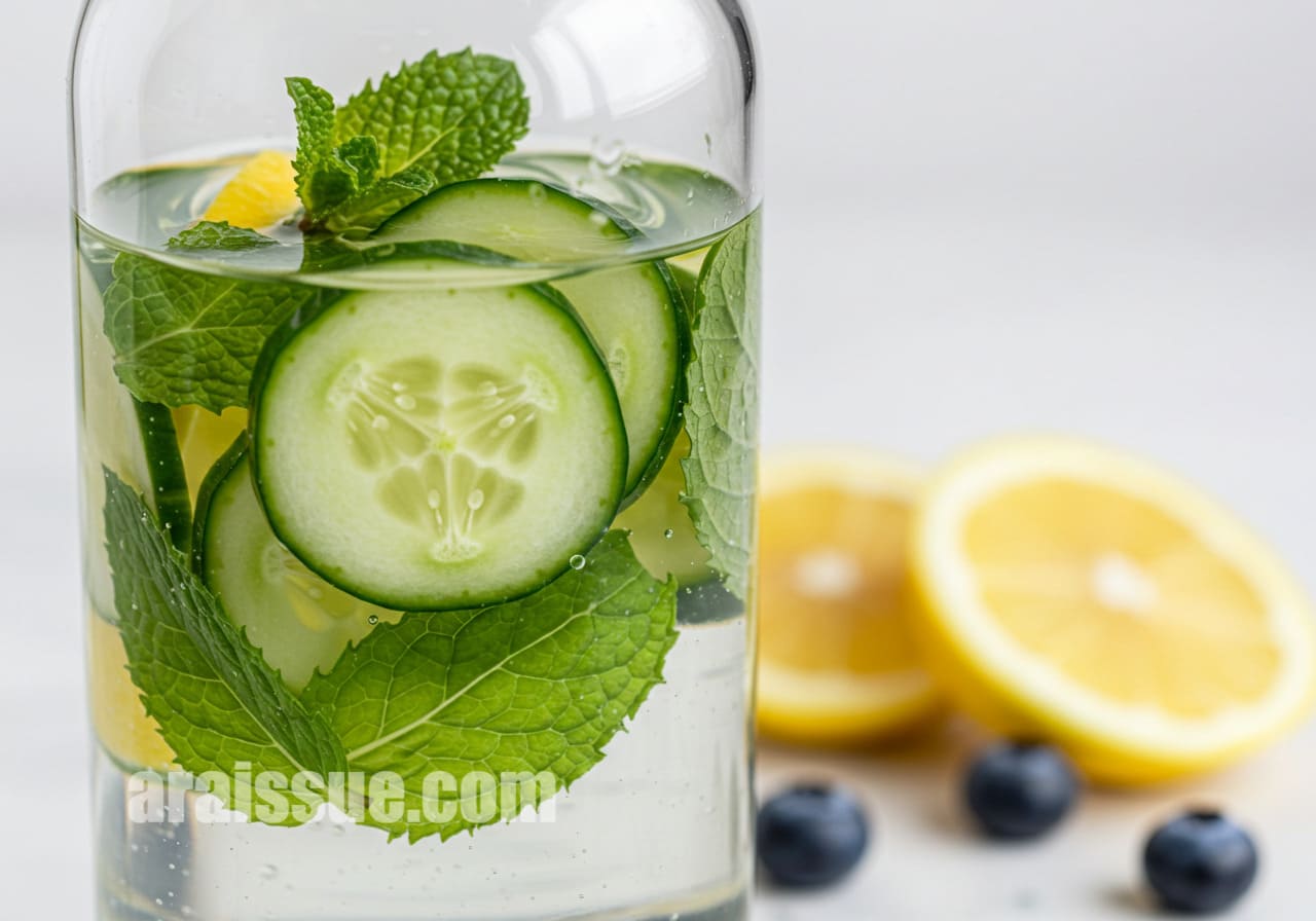 오이, 민트, 레몬이 담긴 물병과 과일들