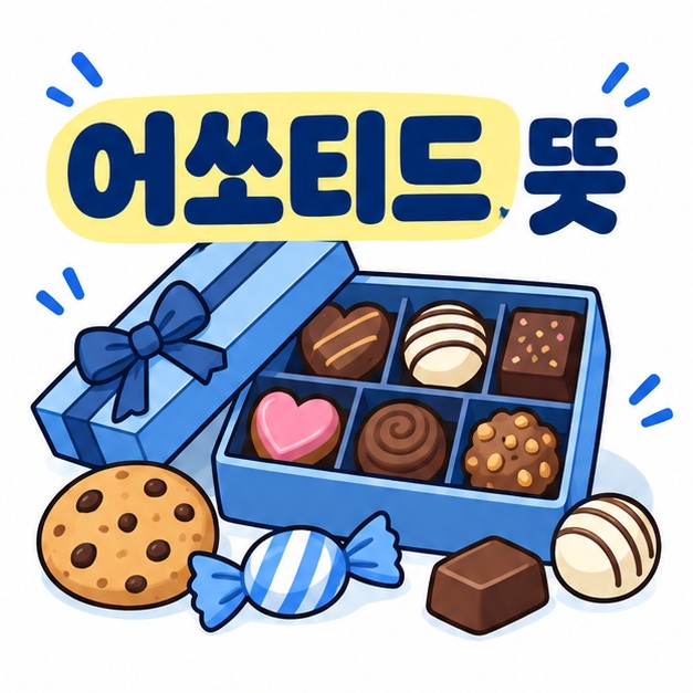 어쏘티드 뜻 문구와 여러 종류의 초콜릿, 쿠키, 사탕을 한 상자에 담은 모습을 보여주는 대표 카드