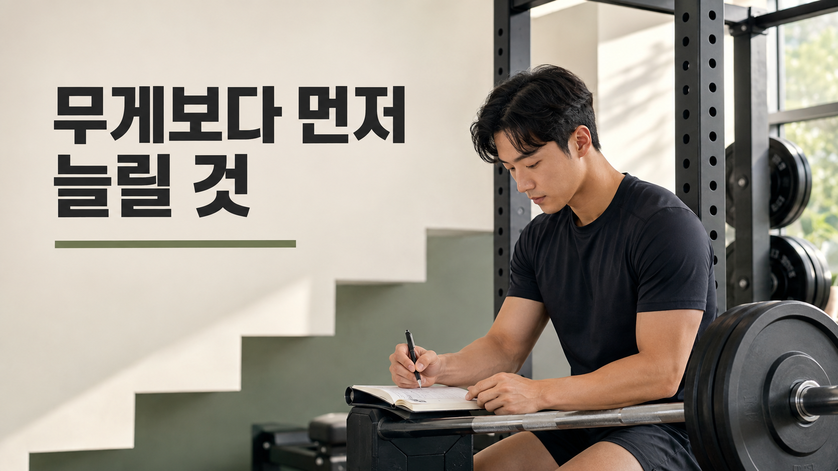 운동 기록을 작성하며 점진적 과부하 계획을 점검하는 헬스 운동자