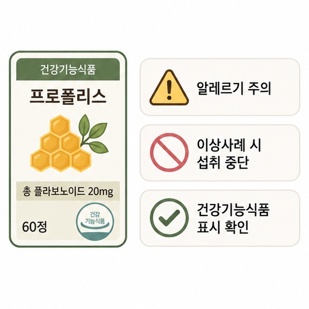 제품 라벨과 주의 표시를 이용해 프로폴리스 알레르기와 이상사례 발생 시 주의사항을 설명한 이미지