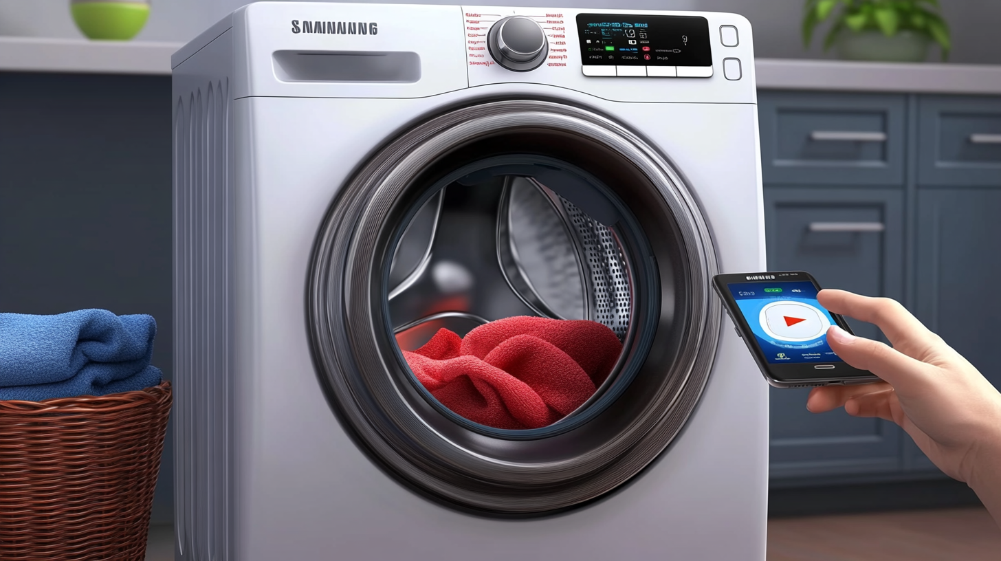 스마트폰으로 스마트싱스 앱을 사용하여 삼성 세탁기를 원격 제어하는 사용자의 모습을 보여주는 장면입니다. 현대 사회에서 스마트 기술이 가져오는 편리함을 강조합니다.