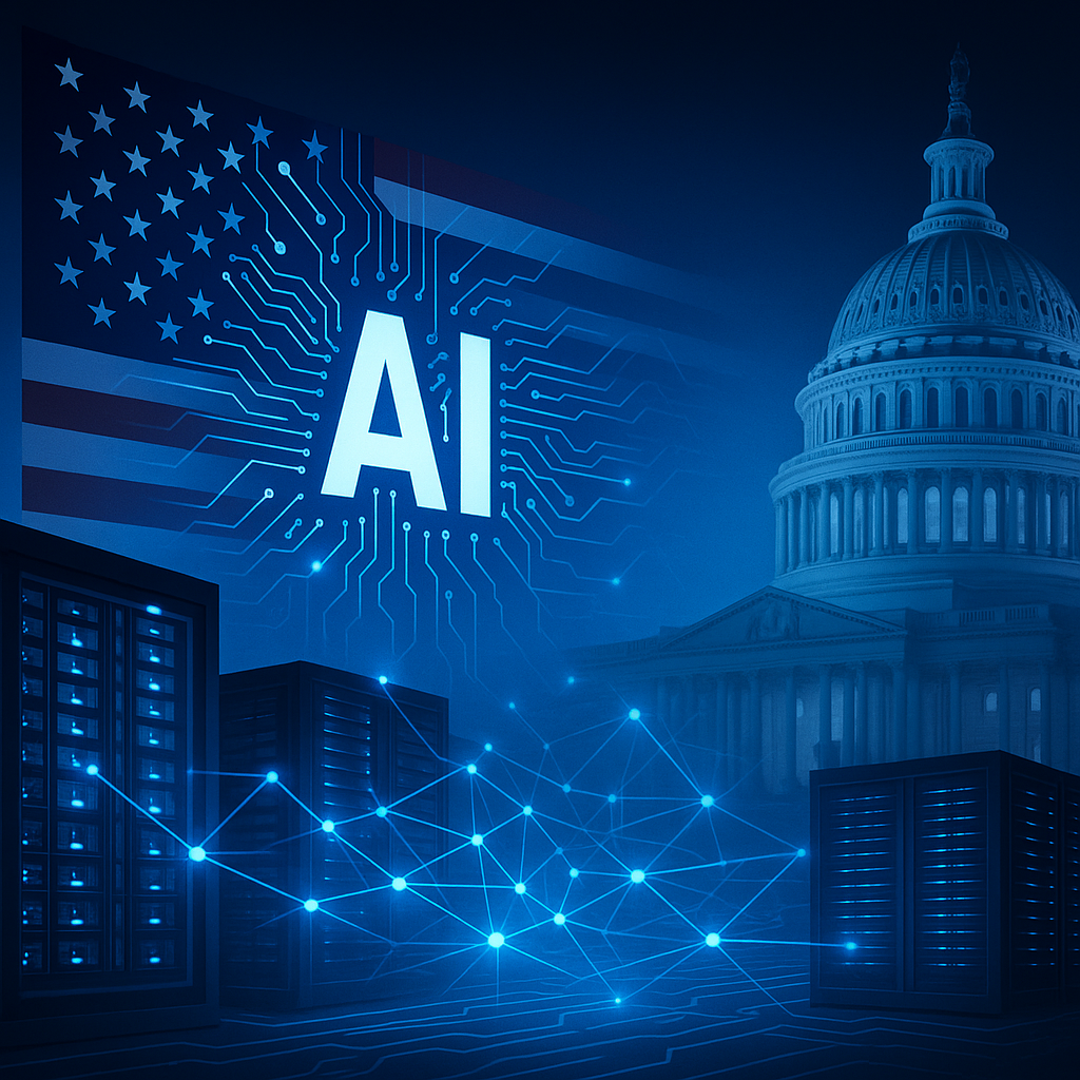 미국 국회의사당과 AI 회로가 결합된 성조기, 데이터센터, 신경망이 어우러진 미래형 미국 AI 기술 허브 이미지