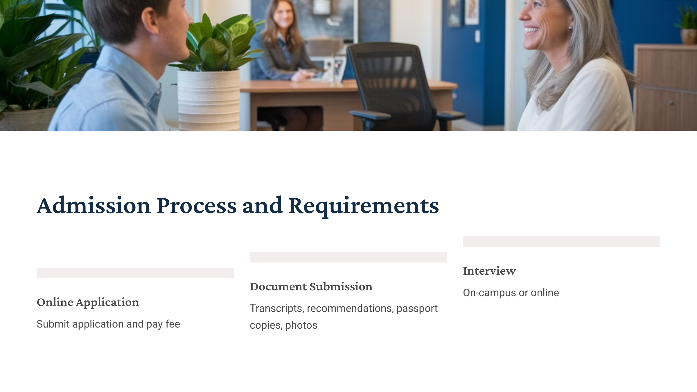 입학 절차와 요건: 학교 입학 상담을 받는 지원자와 입학 담당자의 모습, 온라인 지원, 서류 제출, 인터뷰 단계를 나타냄.