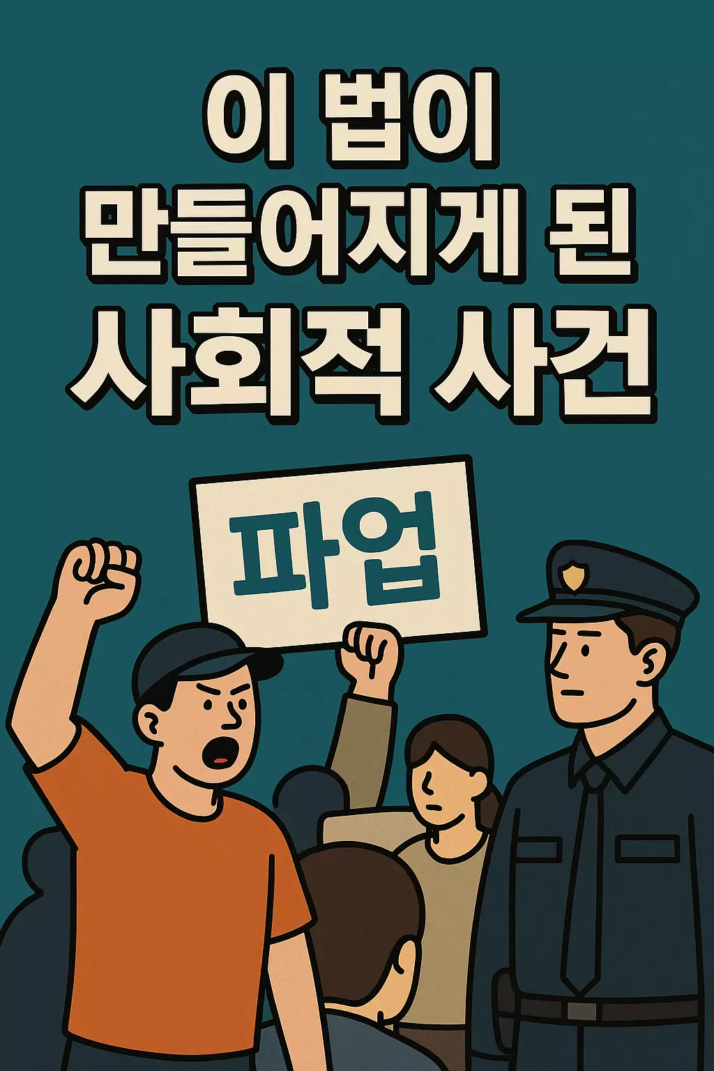 &ldquo;노랑봉투법이 만들어지게 된 계기를 설명하는 그래픽 이미지 &ndash; 노동자 파업 시위 장면과 경찰의 대치 장면이 담긴 사회적 갈등과 법 제정 배경을 알 수 있는 시각자료&rdquo;