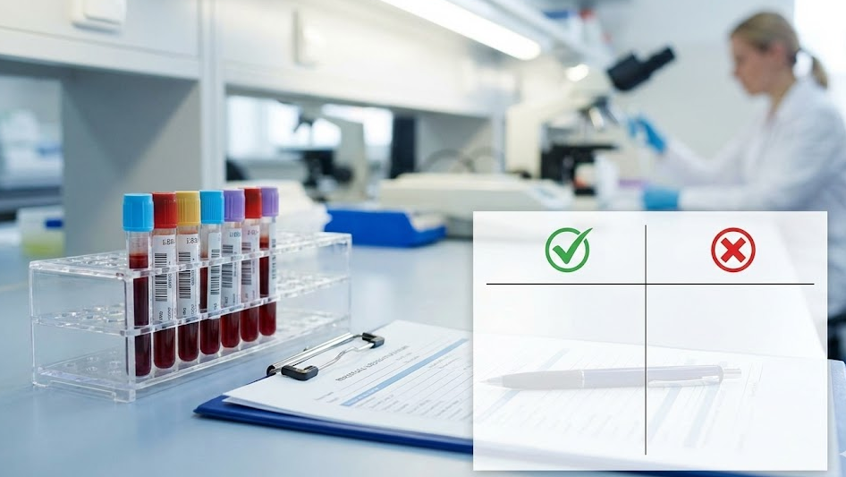 당화혈색소 검사 등 지침 내 항목과 본인부담금 면제 적용 범위를 설명하는 의료 검사 환경