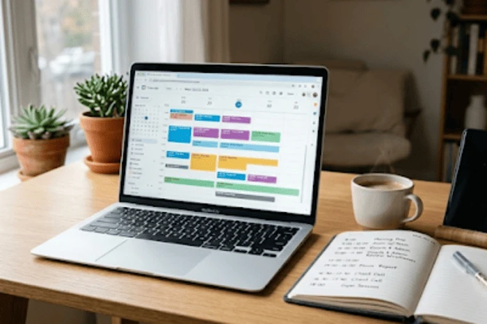 색상별로 꼼꼼하게 시간 블록이 설정된 구글 캘린더 화면과 옆에 놓인 수기 기록 노트