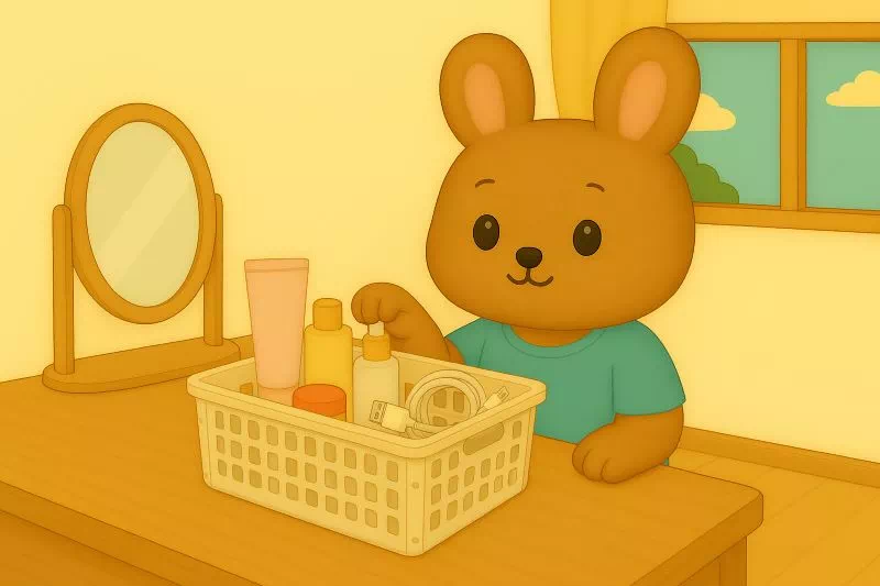 &quot;미니 바스켓을 활용해 화장품과 케이블을 정리한 모습&quot;