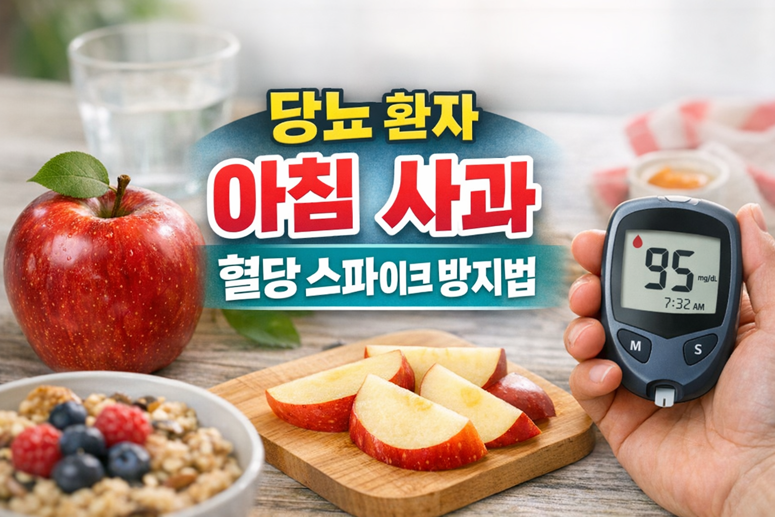 당뇨 환자가 아침에 사과를 먹을 때 혈당계를 통해 혈당을 확인하며 껍질째 사과를 섭취하는 모습