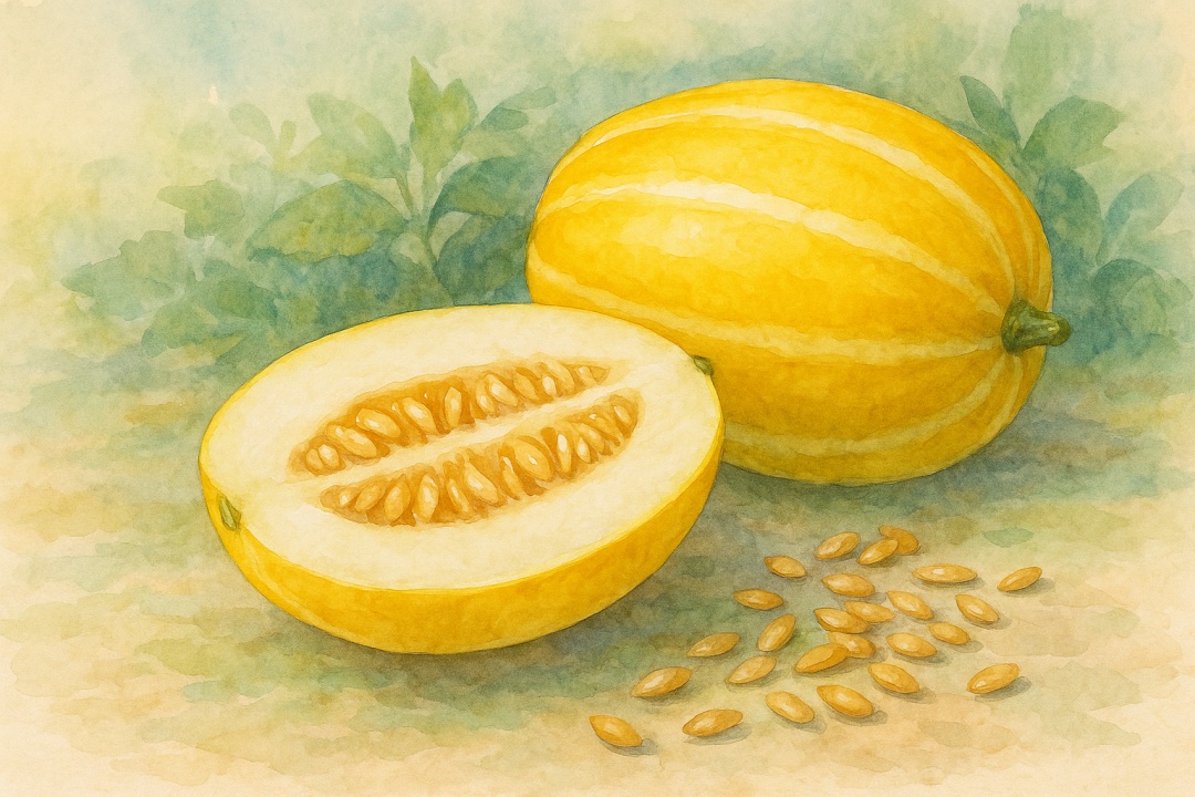 잘 익은 참외 하나가 반으로 잘려 씨앗이 보이는 수채화 스타일의 그림, 옆에는 노란 껍질의 참외와 흩어진 참외씨들이 자연스럽게 배치됨