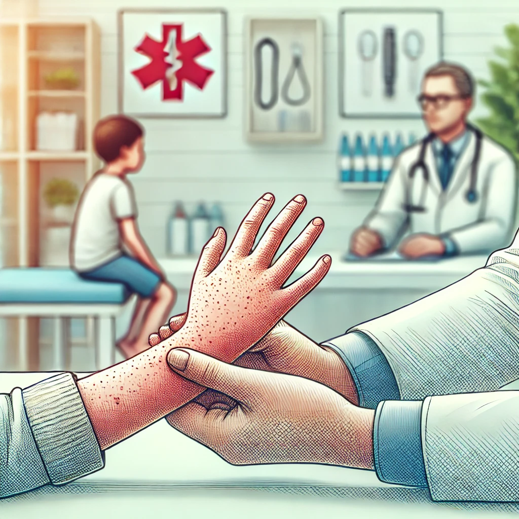 어린이가 손, 발에 발진이 있는 모습