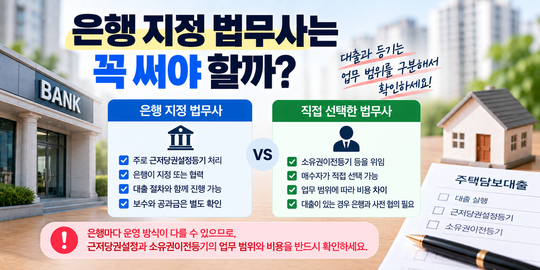 은행 지정 법무사와 직접 선택한 법무사 업무 범위 비교 이미지
