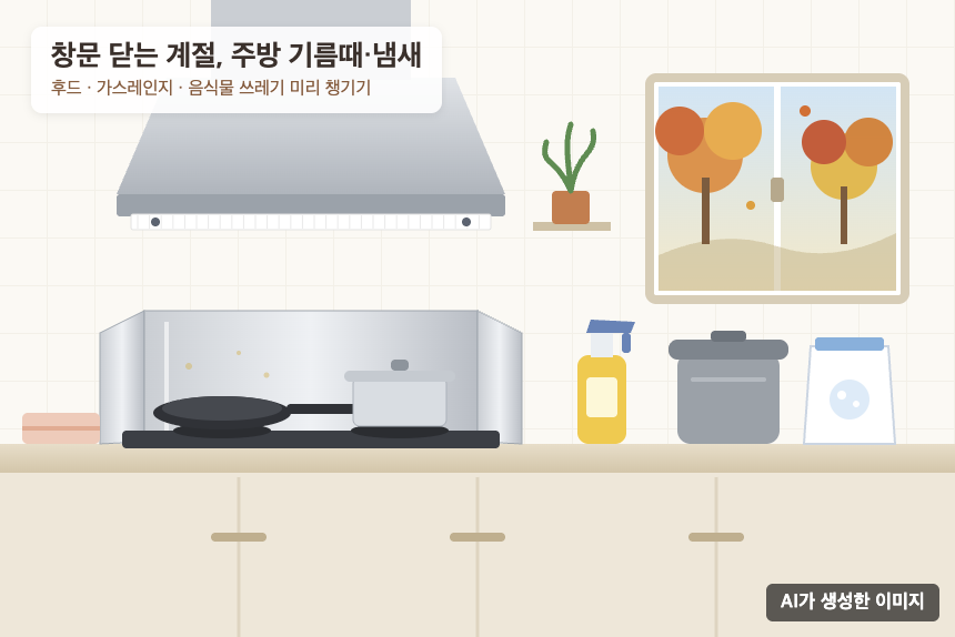 가스레인지 가림막과 후드 커버, 스프레이 세정제와 음식물 쓰레기통이 놓인 가을 주방 일러스트