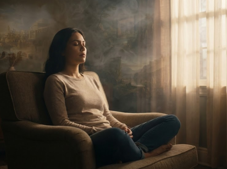 편안한 의자에 앉아 깊은 명상에 잠겨 전생체험을 시도하는 모습과 배경에 희미하게 떠오르는 과거의 풍경