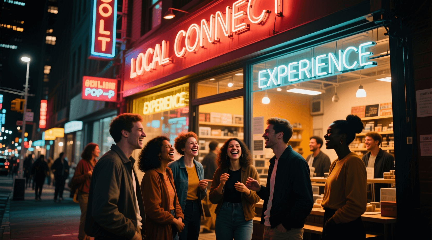 화려한 네온사인 아래 사람들이 모여 있는 활기찬 오프라인 팝업스토어 전경