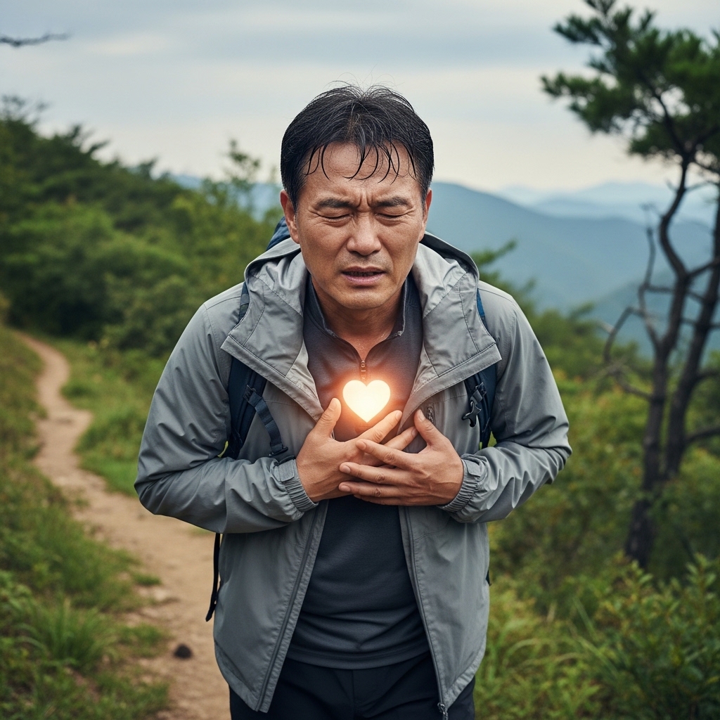 가슴 통증을 느끼며 심장의 신호를 감지하는 한국인 남성