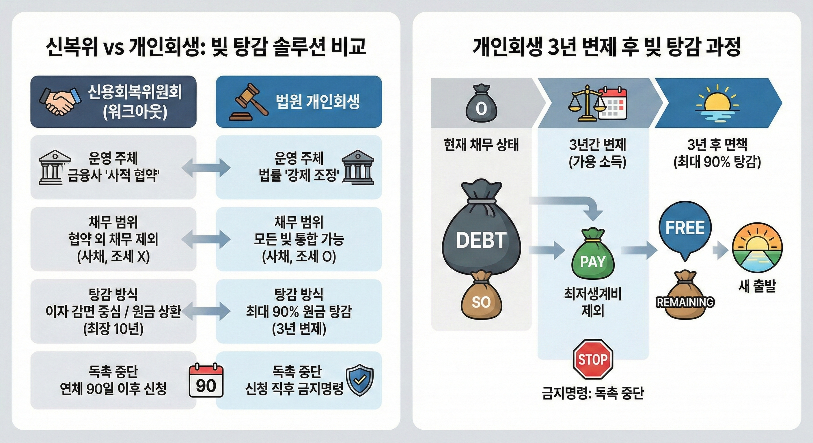 신복위 개인워크아웃과 법원 개인회생 제도 비교표, 채무 조정 대상 및 원금 탕감률 차이 분석