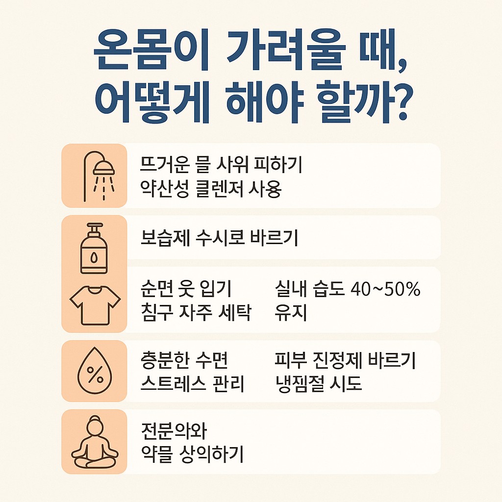 온몸 가려움증이 있을 때 실천할 수 있는 7가지 대처법을 아이콘과 함께 정리한 인포그래픽. 샤워 습관, 보습제 사용, 침구 관리, 습도 조절, 스트레스 관리, 피부 진정, 약물 상담 등의 항목 포함.