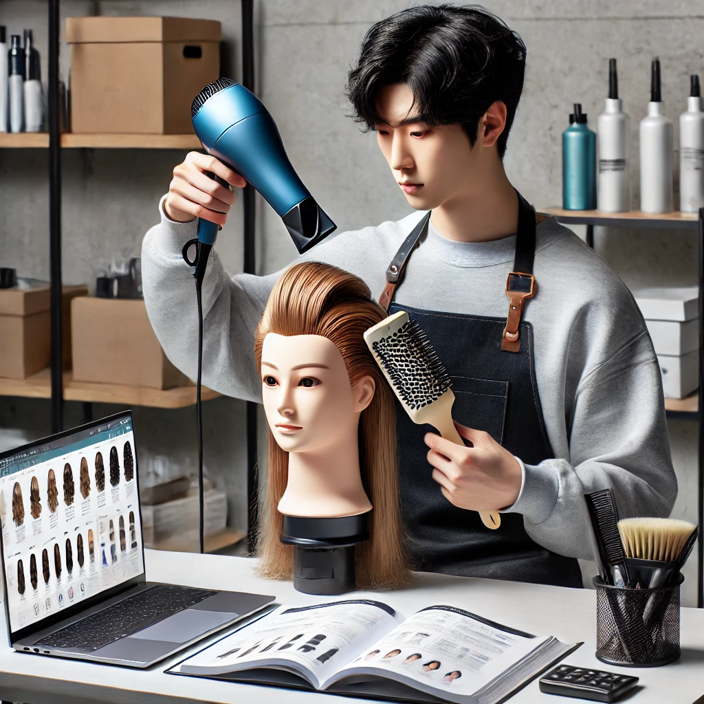 미용사가 마네킹 머리를 드라이기로 스타일링하면서 실기시험 준비를 하는 장면. 헤어 드라이어와 브러시를 사용하며 교재와 노트북이 함께 놓여 있는 현대적이고 학습적인 분위기