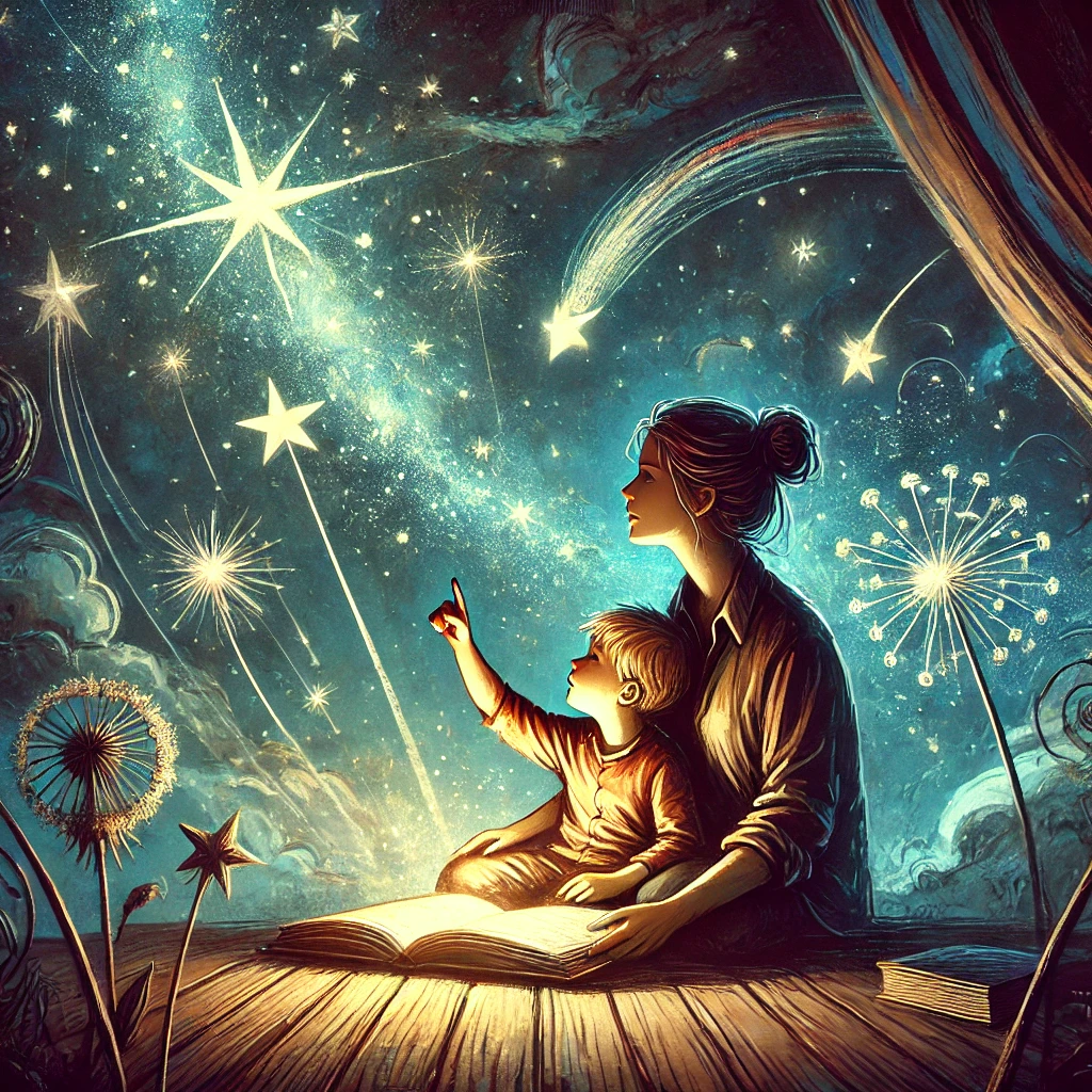 아이가 엄마 무릎에 앉아 책을 읽으며 상상의 나래를 펼치는 모습