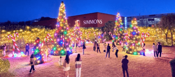 밤 시몬스 테라스 건물을 배경으로 큰 크리스마스 트리와 강는 크리스마스 트리들이 모여있는 모습
