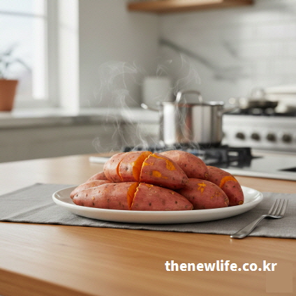 집에서 만드는 고구마 삶는 (찌는) 법의 완성 단계 이미지.