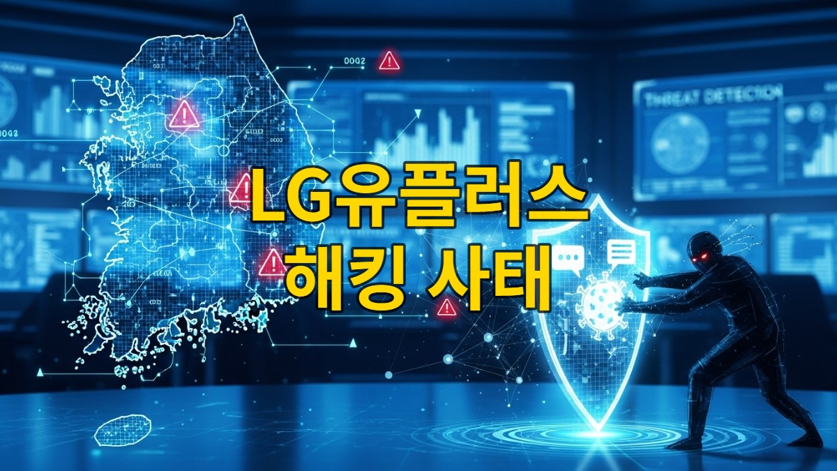 2025년 한국 통신망 사이버 공격 위협을 나타내는 이미지. 빛나는 데이터 스트림과 경고 표시가 있는 한국 지도 위에 해커의 실루엣이 통신 네트워크 방패를 뚫으려 하고 있으며, 배경에는 파란색 화면의 보안 관제실이 보인다.