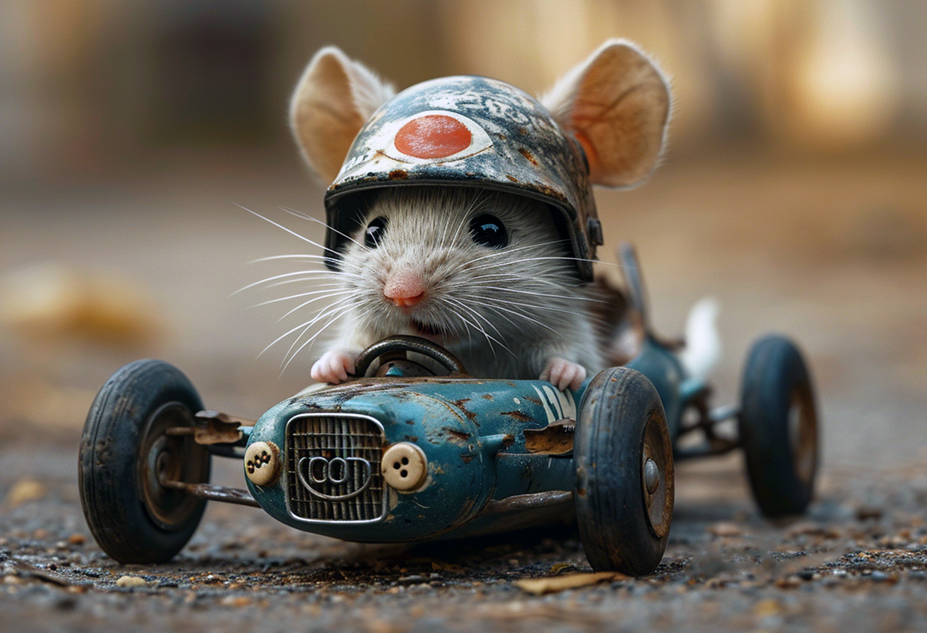 생쥐가 헬멧을 쓰고 낡은 자동차를 운전하는 귀여운 이미지
